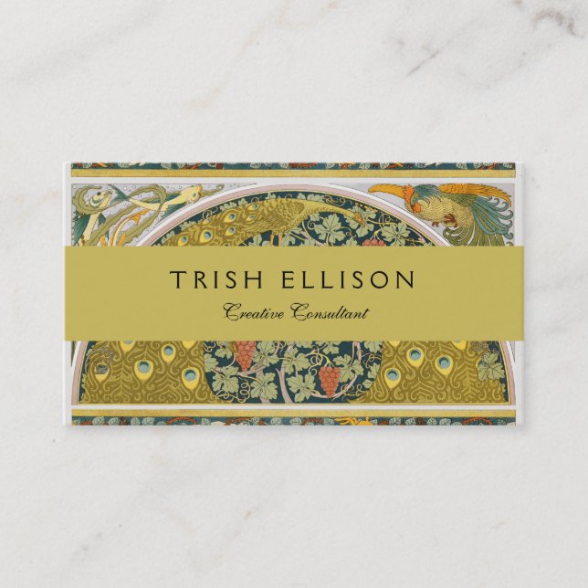 Ornate William Morris Style Peacock Grapevine Art Business Card (Front)