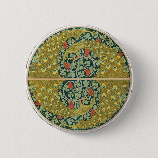 Ornate William Morris Style Peacock Grapevine Art Button (Front)