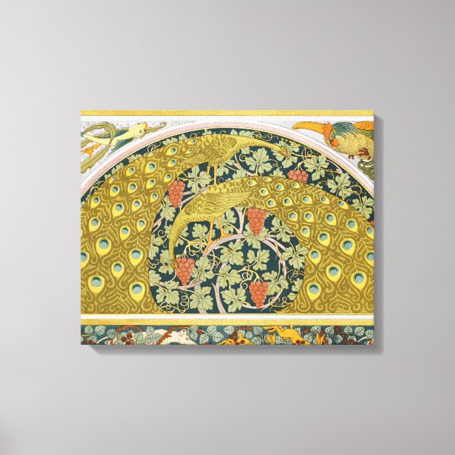 Ornate William Morris Style Peacock Grapevine Art Canvas Print (Front)