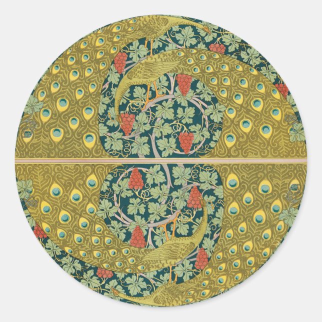 Ornate William Morris Style Peacock Grapevine Art Classic Round Sticker (Front)