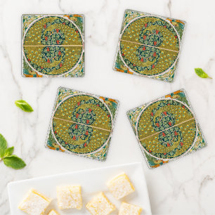 Ornate William Morris Style Peacock Grapevine Art Coaster Set