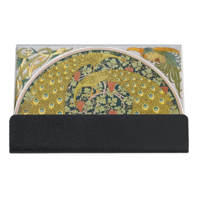 Ornate William Morris Style Peacock Grapevine Art Desk Business Card Holder (Front)
