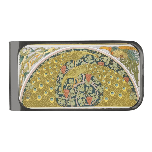 Ornate William Morris Style Peacock Grapevine Art Gunmetal Finish Money Clip (Front)