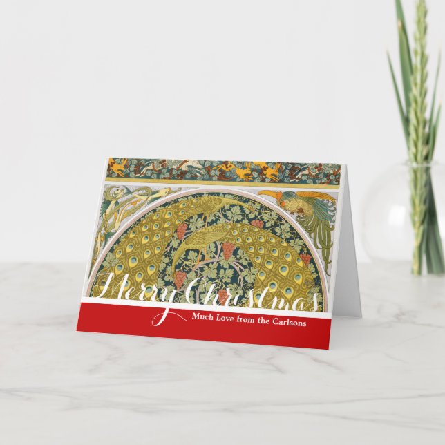 Ornate William Morris Style Peacock Grapevine Art Holiday Card (Front)