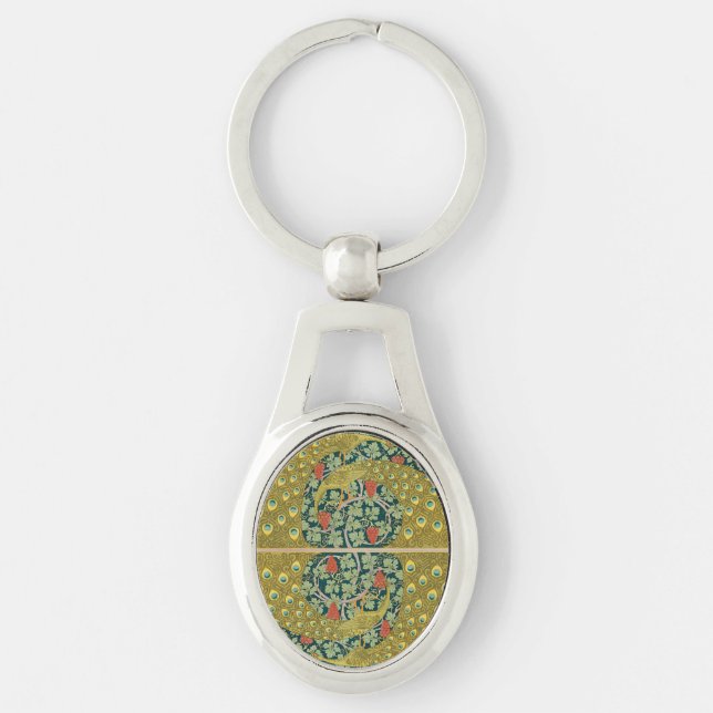 Ornate William Morris Style Peacock Grapevine Art Keychain (Front)