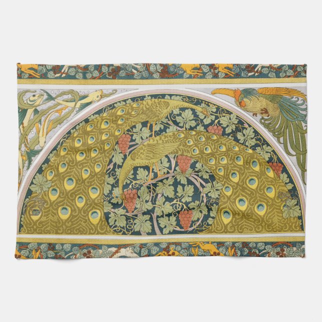 Ornate William Morris Style Peacock Grapevine Art Kitchen Towel (Horizontal)