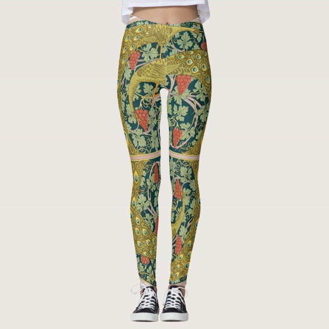 Ornate William Morris Style Peacock Grapevine Art Leggings (Front)
