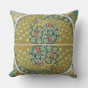 Ornate William Morris Style Peacock Grapevine Art Outdoor Pillow