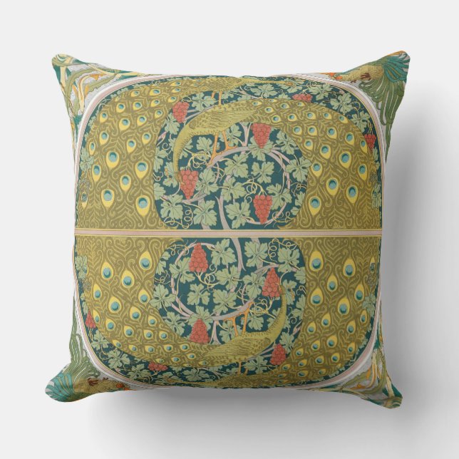 Ornate William Morris Style Peacock Grapevine Art Outdoor Pillow (Front)
