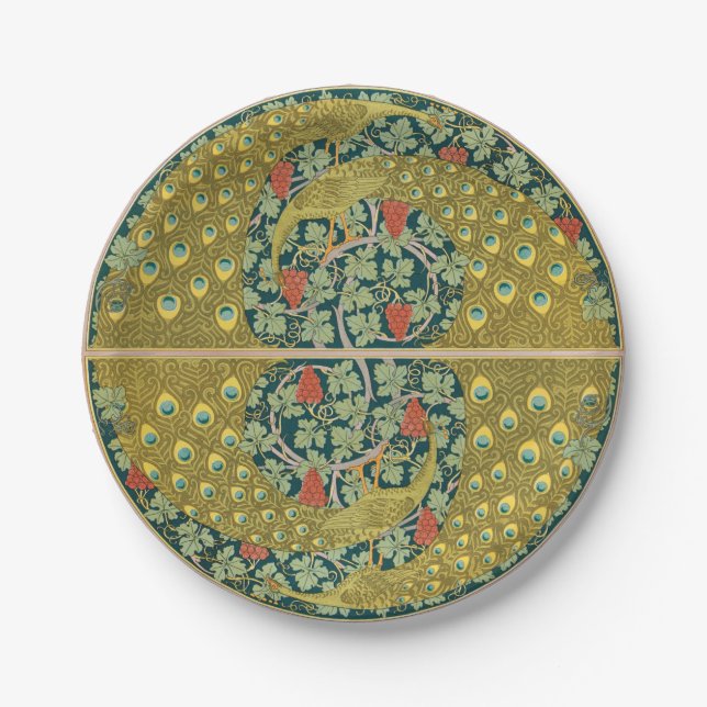 Ornate William Morris Style Peacock Grapevine Art Paper Plates (Front)