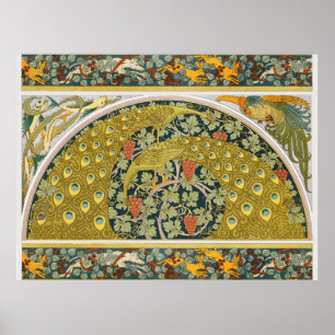 Ornate William Morris Style Peacock Grapevine Art Poster
