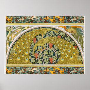 Ornate William Morris Style Peacock Grapevine Art Poster