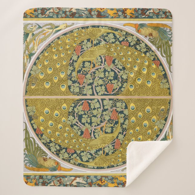 Ornate William Morris Style Peacock Grapevine Art Sherpa Blanket (Front)