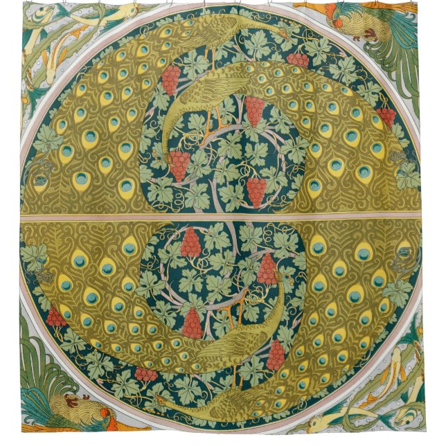 Ornate William Morris Style Peacock Grapevine Art Shower Curtain (Front)
