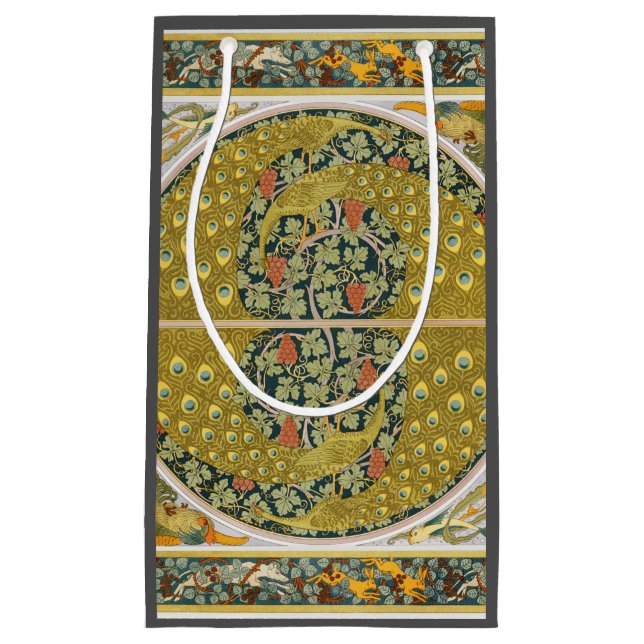 Ornate William Morris Style Peacock Grapevine Art Small Gift Bag (Front)