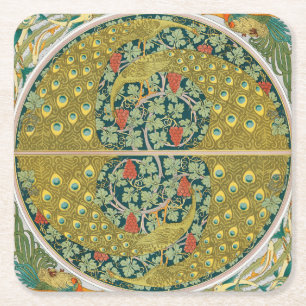 Ornate William Morris Style Peacock Grapevine Art Square Paper Coaster