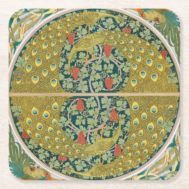 Ornate William Morris Style Peacock Grapevine Art Square Paper Coaster (Front)