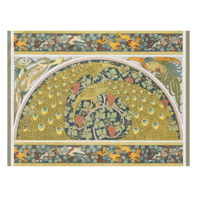 Ornate William Morris Style Peacock Grapevine Art Tablecloth (Front (Horizontal))