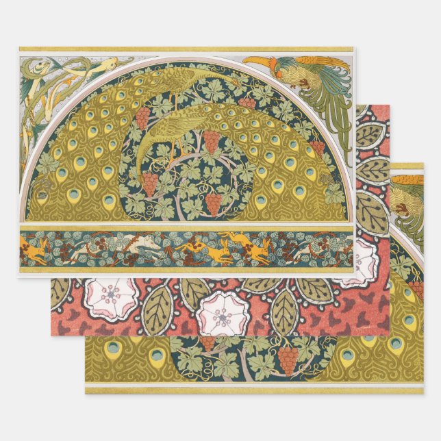 Ornate William Morris Style Peacock Grapevine Art Wrapping Paper Sheets (Set)