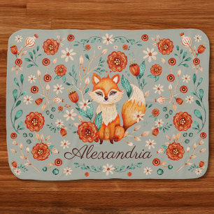 Ornate Woodland Fox Whimsical Watercolor Name Baby Blanket