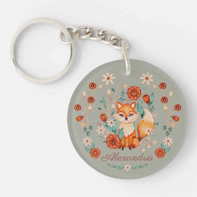 Ornate Woodland Fox Whimsical Watercolor Name Keychain (Front)