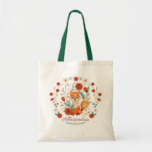 Ornate Woodland Fox Whimsical Watercolor Name Tote Bag