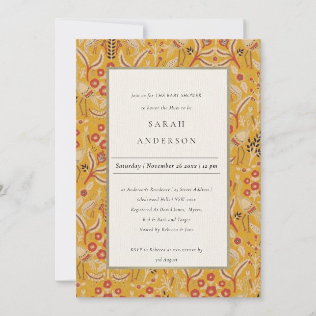 Ornate Yellow Floral Peacock Baby Shower Invite (Front)