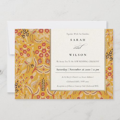 Ornate Yellow Floral Peacock Vow Renewal Invite