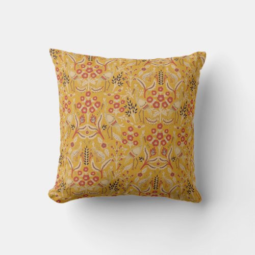 Ornate Yellow Gold Classy Floral Peacock Pattern Throw Pillow