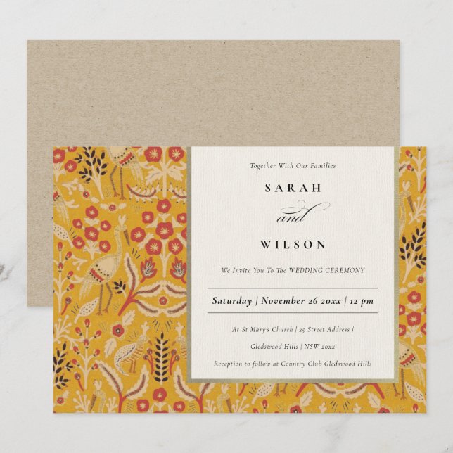 Ornate Yellow Gold Classy Floral Peacock Wedding Invitation (Front/Back)