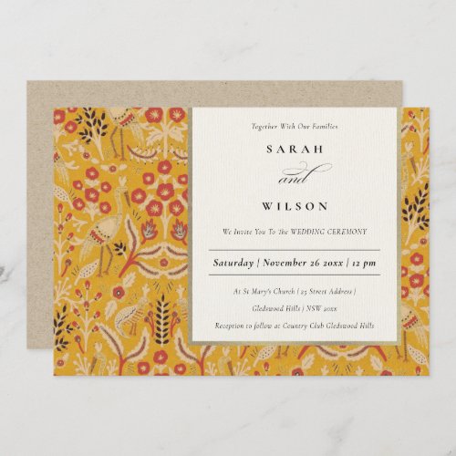 Ornate Yellow Gold Classy Floral Peacock Wedding Invitation
