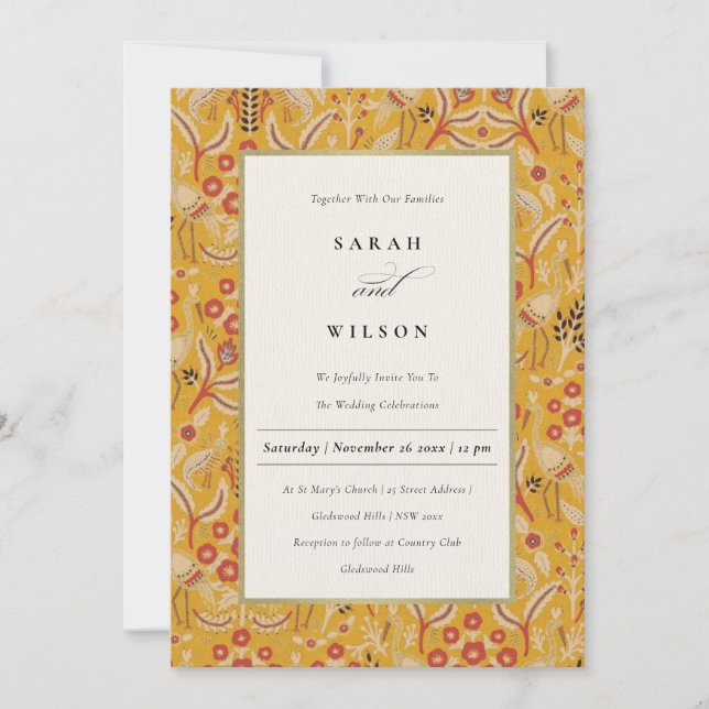Ornate Yellow Gold Classy Floral Peacock Wedding Invitation (Front)