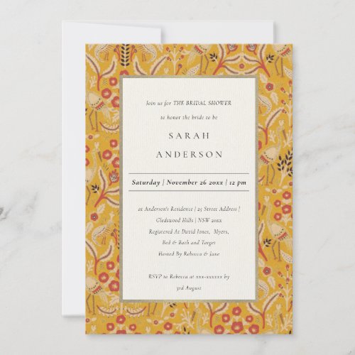 Ornate Yellow Gold Floral Peacock Bridal Shower Invitation
