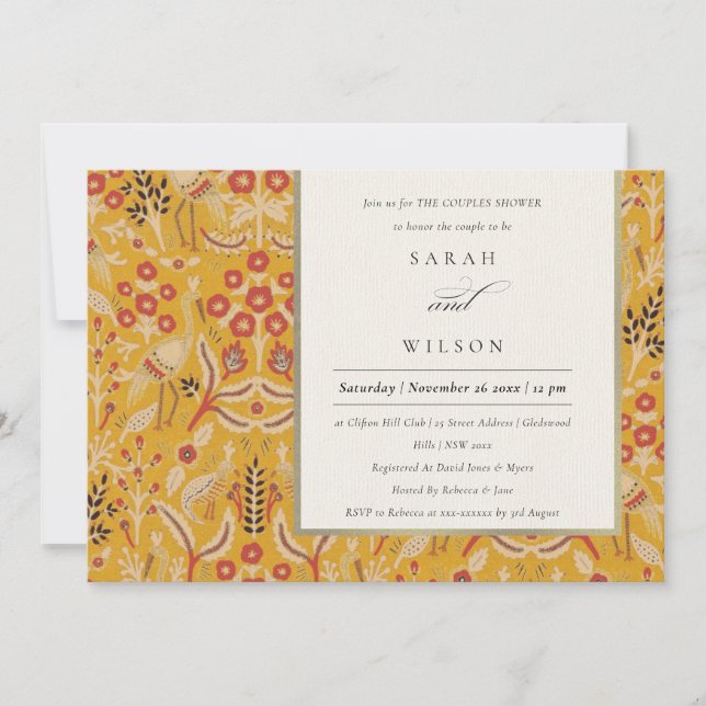 Ornate Yellow Gold Floral Peacock Couples Shower Invitation (Front)