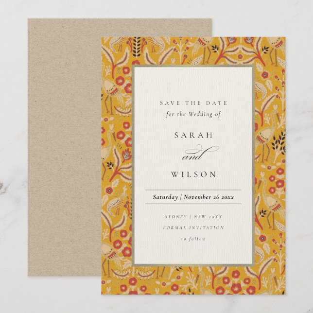 Ornate Yellow Gold Floral Peacock Save The Date Invitation (Front/Back)