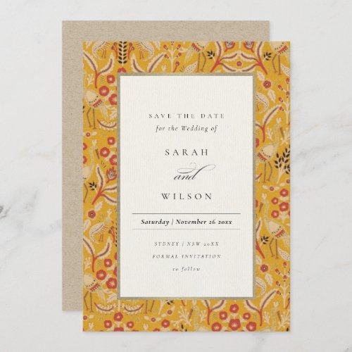 Ornate Yellow Gold Floral Peacock Save The Date Invitation