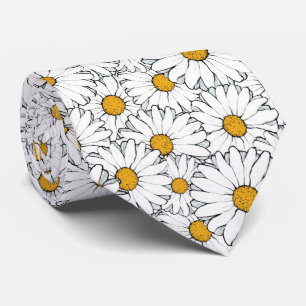 Ornate Yellow White Pretty Daisy Floral Pattern Neck Tie