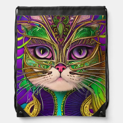 ORNATELY COLORED MARDI GRAS CAT DRAWSTRING BAG