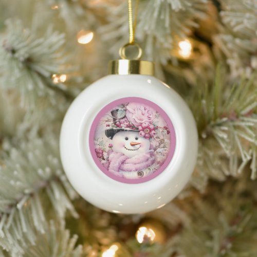 Ornately Dressed Pink Snowman Christmas Ceramic Ball Christmas Ornament