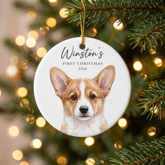 Ornawoof First Christmas Watercolor Pet Portrait Ceramic Ornament