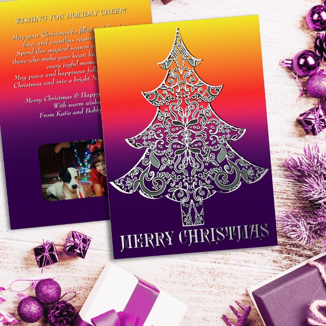 Ornemental Filigree Pattern Christmas Tree Silver Foil Holiday Card (Creator Uploaded)