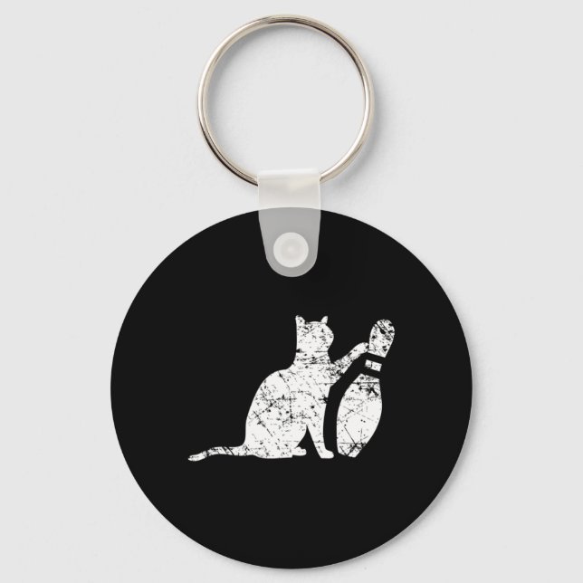 Ornery Alley Cat Tipping Bowling Pin Fun Team Gift Keychain (Front)