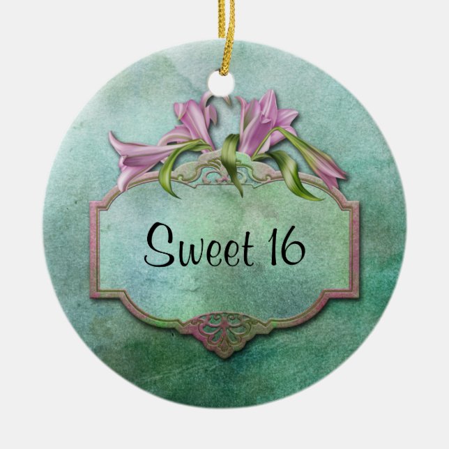 Ornment Pink Lilies Sweet 16 Ceramic Ornament (Front)