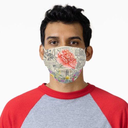 Orrange Flowers Watercolor Old Newspapers Adult Cloth Face Mask