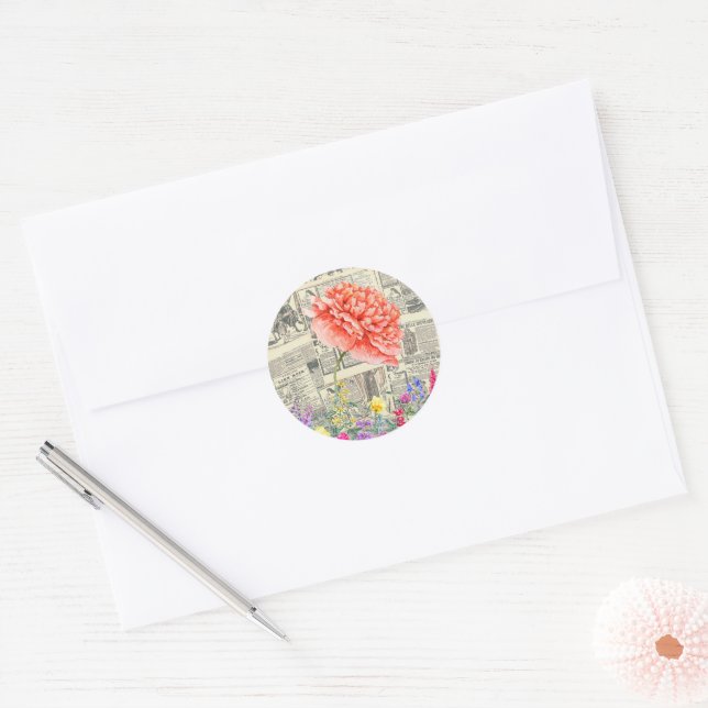 Orrange Flowers, Watercolor, Old Newspapers Classic Round Sticker (Envelope)