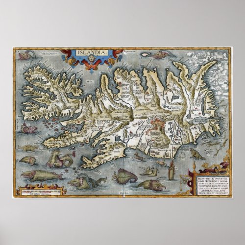 Ortelius Islandia Map featuring Sea Monsters Print