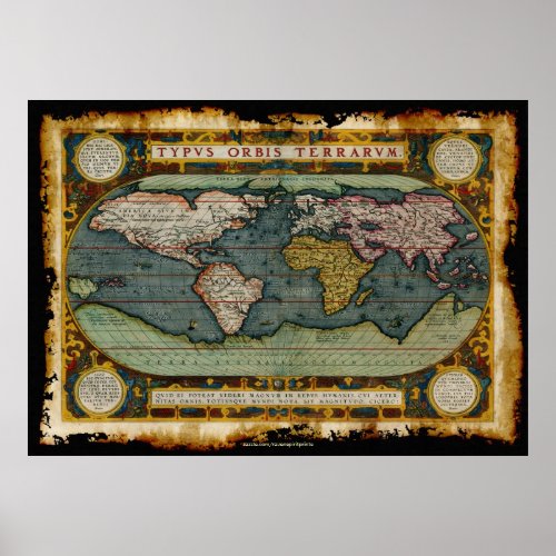 Ortelius Old World Map in Rustic Grunge Style Poster