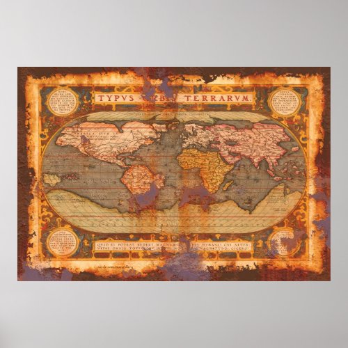 Ortelius Old World Map in Rusty Grunge Style Poster