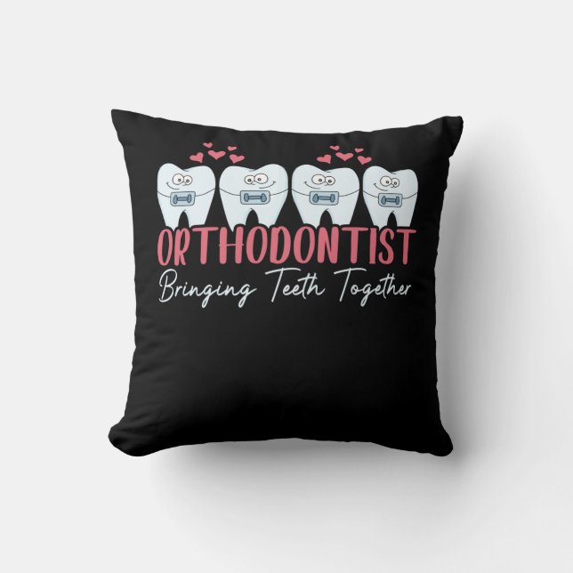 Orthodontist Bringing Teeth Together Cute Braces Throw Pillow (Front)