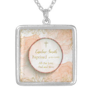 Orthodox Christian Baptism Peach Gold Silver Plated Necklace
